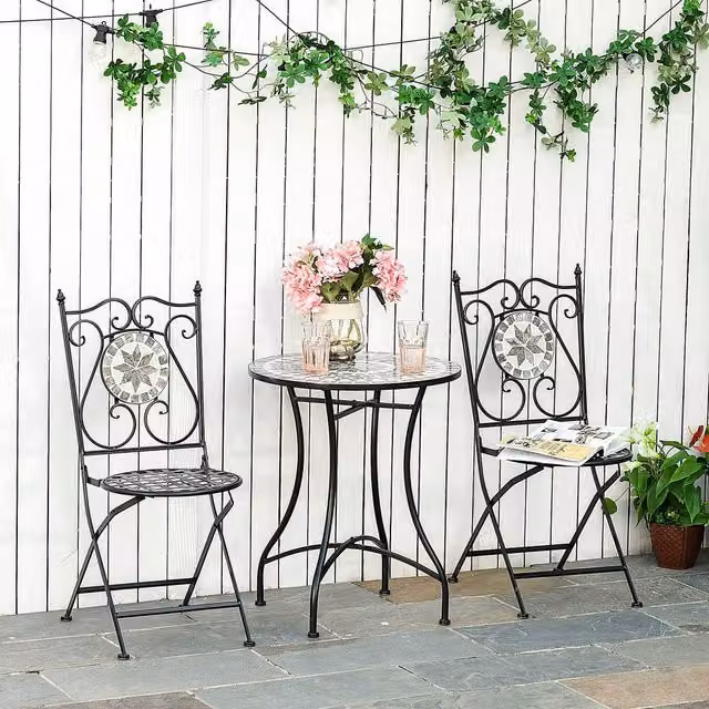 OUTSUNNY 3 Piece Mosaic Tile Garden Bistro Set with Table and 2 Folding Chairs in Grey and Black