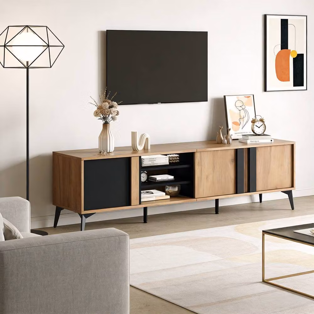 BTM Rustic Brown TV Stand for up to 80 inch TVs with 3 Cabinets, 3 Shelves and Steel Frame – 2