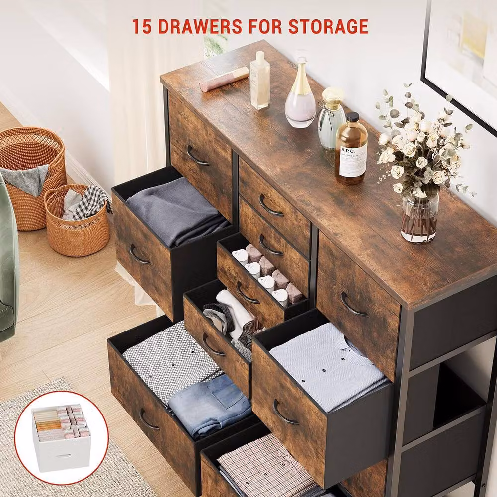 London Boutique 15 Drawer Fabric Dresser Chest of Drawers in Brown – 4