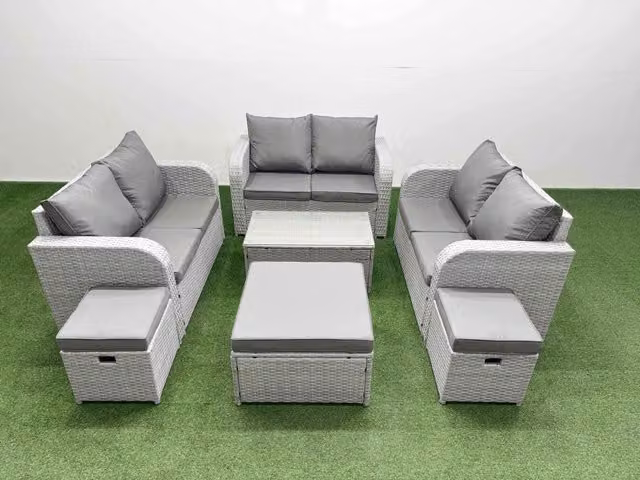 Fimous 9 Seater PE Wicker Rattan Garden Furniture Set in Light Grey with Rectangular Coffee Table, 2 Seater Love Sofa and 3 Stools