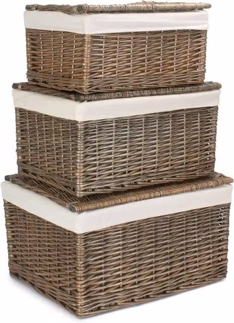 Red Hamper Set of 3 Small Antique Wash Wicker Storage Baskets with Brown Cotton Lining