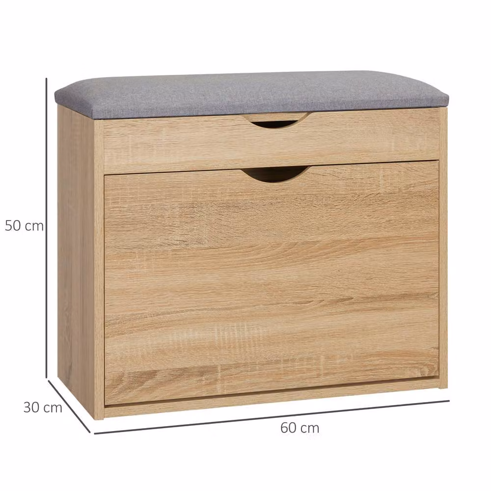 ERGOVEXA Natural Wood Flip-Up Shoe Storage Bench with Fabric Cushion Seat – 2