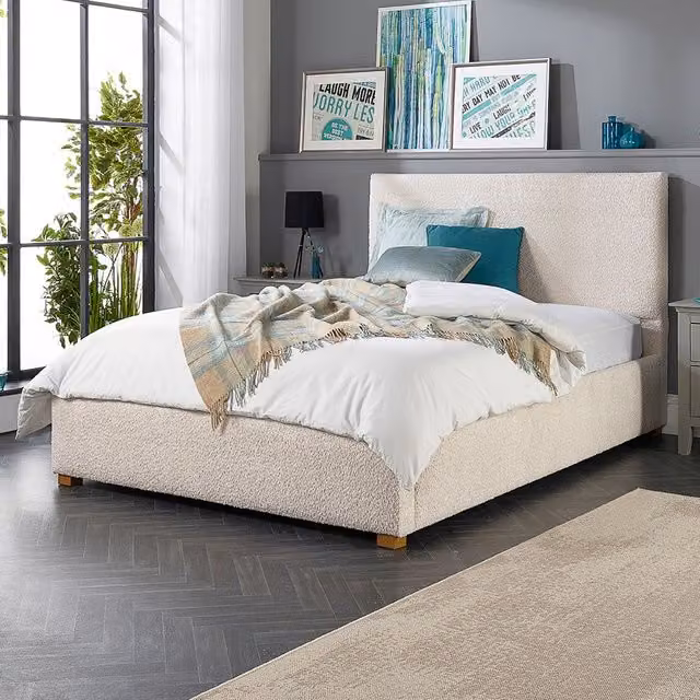 Aspire Bouclé Upholstered Garland Ottoman Bed Frame in Beige, Super King, W/D/H: 200 x 190 x 35 cm – 1
