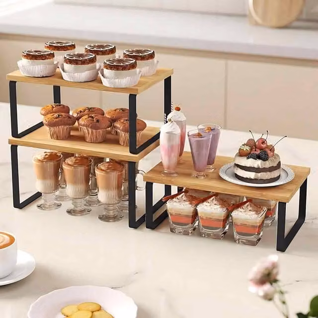 The Bazaarist Set of 3 Expandable Kitchen Storage Shelves in Black and Beige – 1