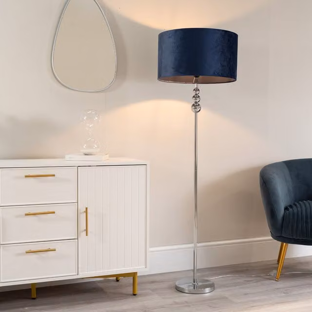 ValueLights Marissa Chrome Stacked Floor Lamp with Blue Velvet Drum Shade and Bulb