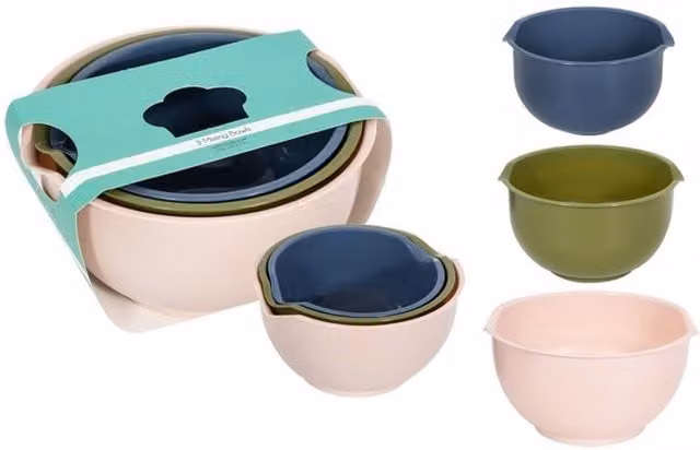 Coco & Gray Nesting Set of 3 Plastic Kitchen Mixing Bowls in Beige, Green and Blue (2.5 l, 2 l, 1.5 l)