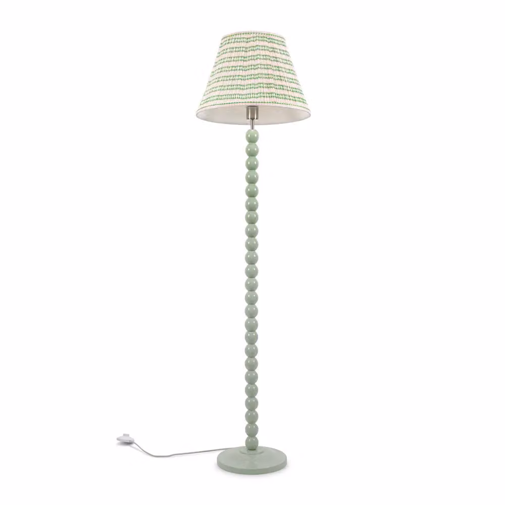 ValueLights Bobbins Sage Green Wood Floor Lamp with Pink Fabric Pleated Shade and LED Bulb – 2