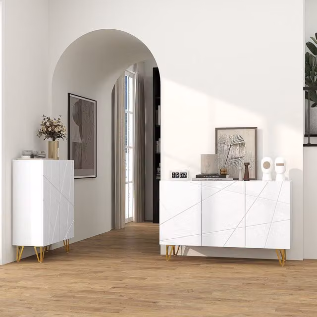 HOMCOM Modern High Gloss MDF Storage Cabinet with 3 Doors in White and Gold