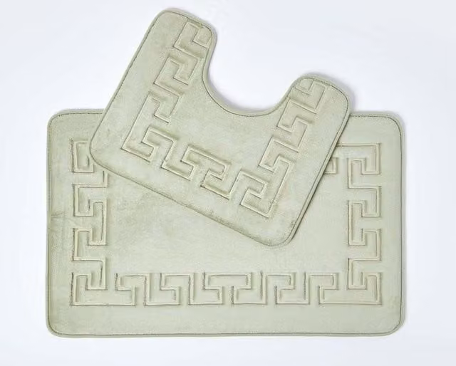 Homescapes Sage Green Memory Foam Bath Mat and Pedestal Set with Greek Key Design, W/D: 50 x 80 cm
