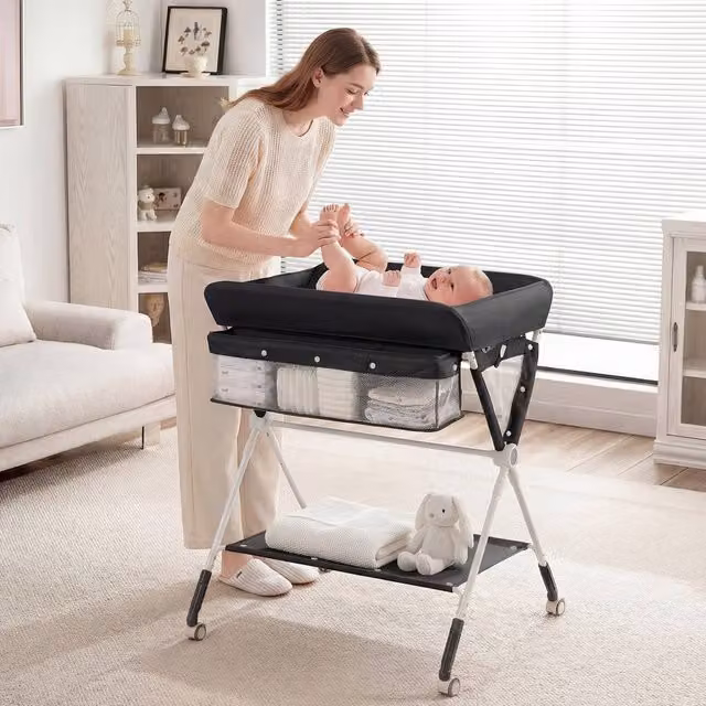 CASART Foldable Baby Diaper Changing Table and Nursery Organiser with Storage Basket in Black