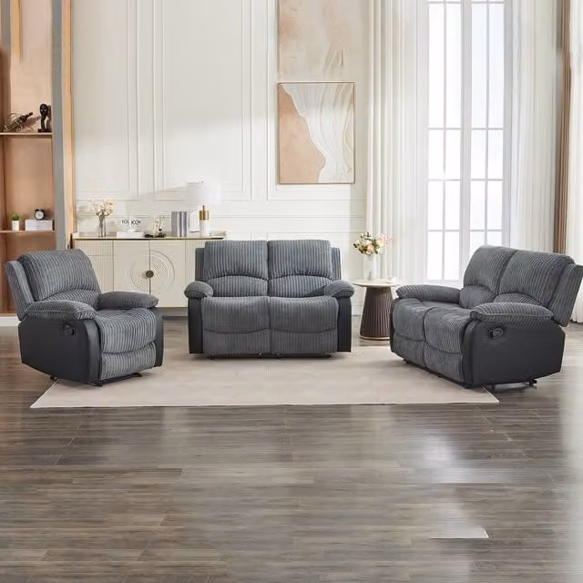 Furniture One 5-Seater Manual Reclining Corduroy Sectional Sofa in Grey