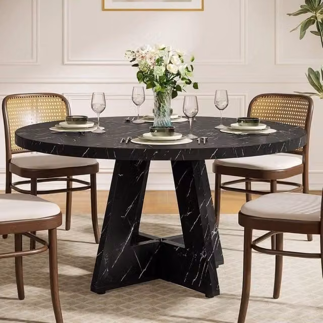 PAWNORA Round Farmhouse Wooden Dining Table in Black, Diameter: 119.38 cm – 1