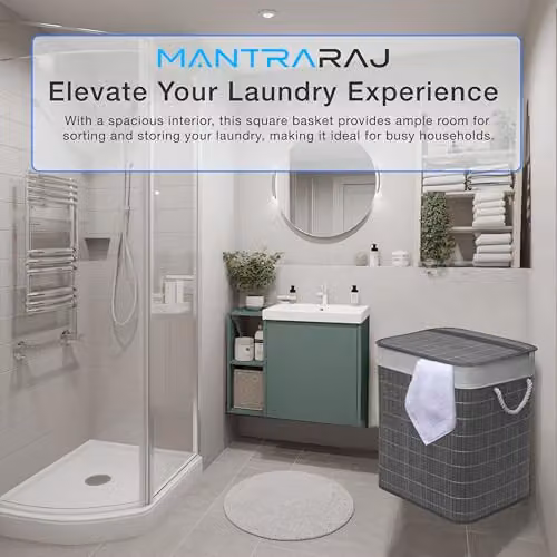 MantraRaj Bamboo Laundry Basket with Lid and 2 Compartments, 105L, Grey – 3