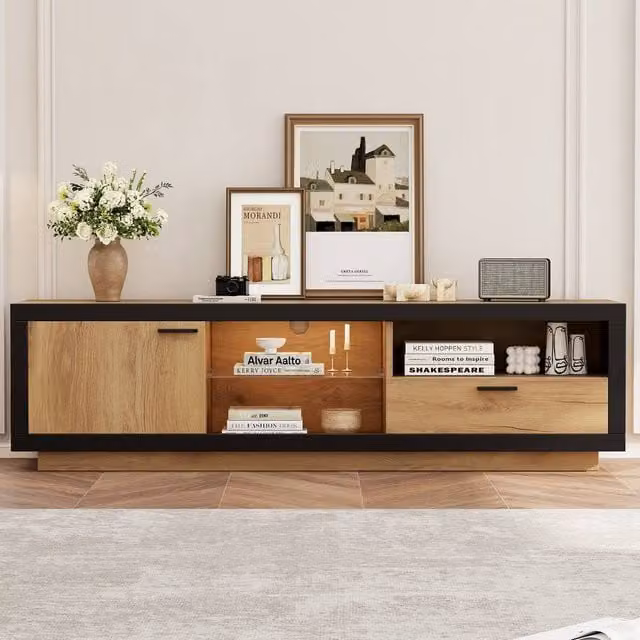 Merax Industrial Oak and Black LED TV Stand with Drawer and Glass Shelves – 1