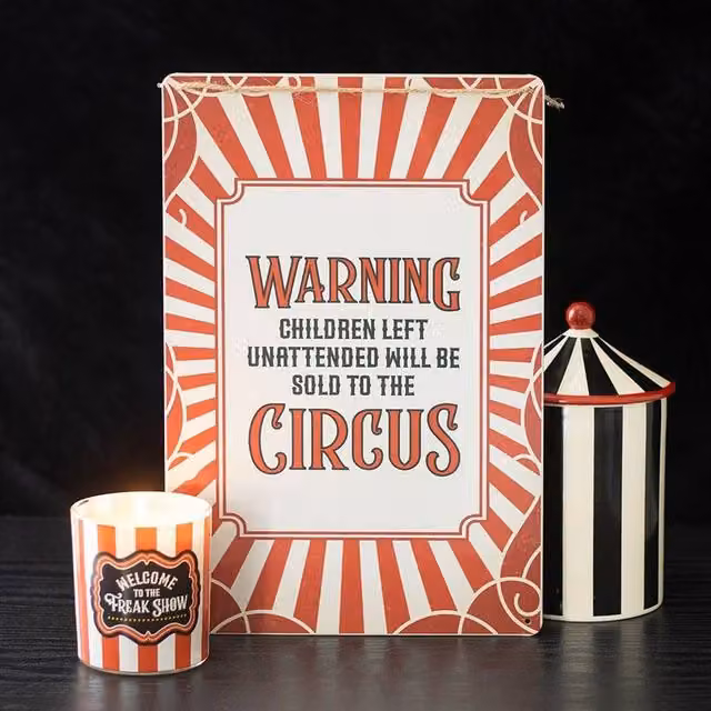 Uniqueful Circus Warning Metal Hanging Wall Sign in Red and Striped Retro Typography