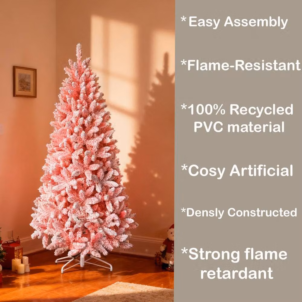 Shatchi Pink Flocked Christmas Tree with Snow Effect Branch Tips – 6