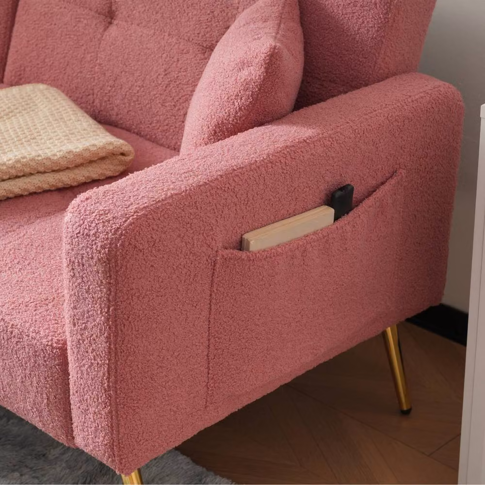 BTM Pink Bouclé Fabric Click Clack Sofa Bed with Gold Legs and Scatter Cushions – 2