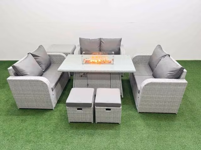 Fimous 8 Seater PE Wicker Rattan Garden Furniture Set in Light Grey with Firepit Dining Table, 2 Seater Love Sofa and 2 Stools
