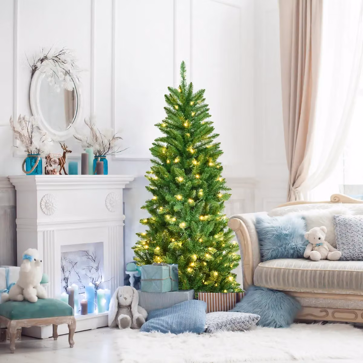Costway 5ft Pre-lit Artificial Pencil Christmas Tree in Green with 150 Warm White Lights and 300 Tips – 5