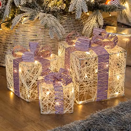 The Christmas Workshop 70839 Set of 3 Light-Up Christmas Boxes with Pink Bow, White, featuring 65 Warm White LED Lights and Timer Functionality – 2