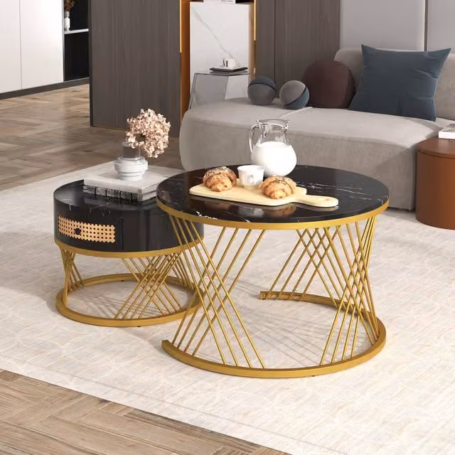 Merax 2 Piece Round Marble Effect Coffee Table Set with Drawer in Black and Gold