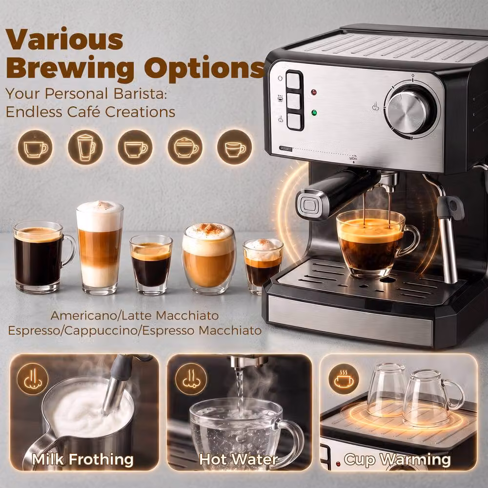 HOMCOM Espresso Machine with 20-Bar Pressure, 1.6 l Removable Tank and Steam Wand, Black – 5