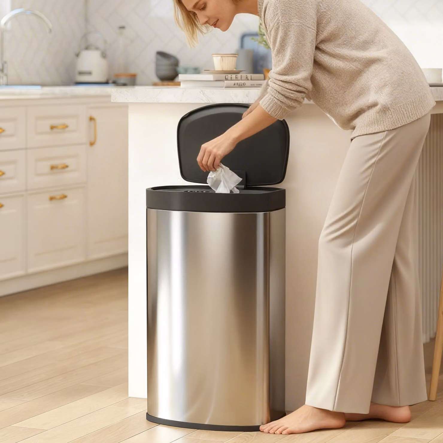 HOMCOM 55L Sensor Bin with Soft-Close Lid and Fingerprint Resistant Stainless Steel in Silver Tone – 2