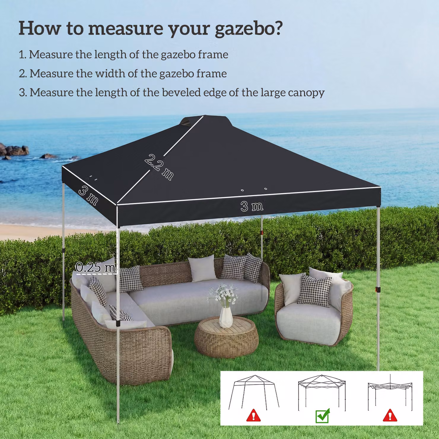 Outsunny Black Waterproof Pop Up Canopy Replacement Roof with UV50+ Protection and 8 Drainage Holes, W x D: 3 x 3 m – 3