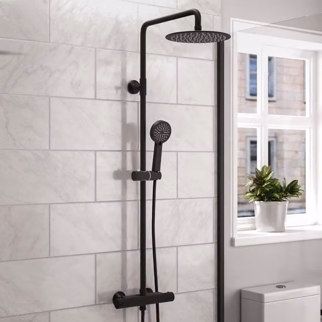 Nes Home Modern Round Matte Black Exposed Thermostatic Mixer Shower Set with Overhead and Hand Shower