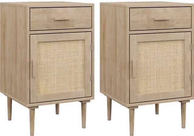 HOMCOM Set of 2 Rattan Bedside Tables with Drawer and Adjustable Shelf in Natural Wood Finish Brown