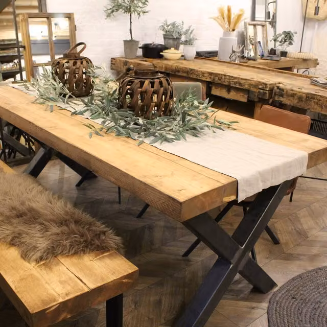 TRL Handmade Furniture Chunky Industrial Dining Table and 2 Benches, Mid Oak, W: 300 cm, D: 90 cm, H: 75 cm