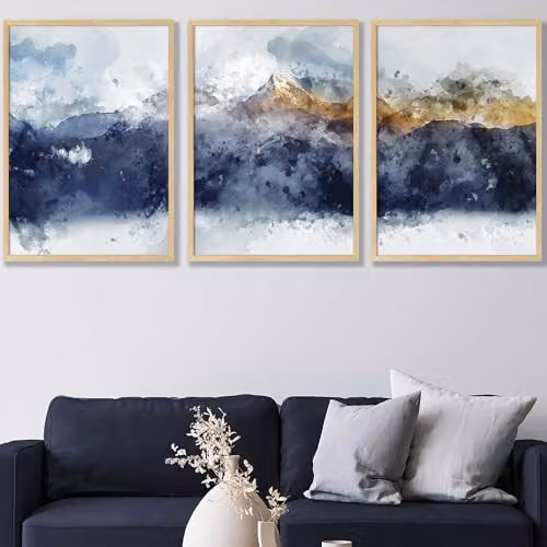 ARTZE Set of 3 Abstract Blue and Yellow Mountain Landscape Paper Posters, W: 42 cm x H: 59 cm