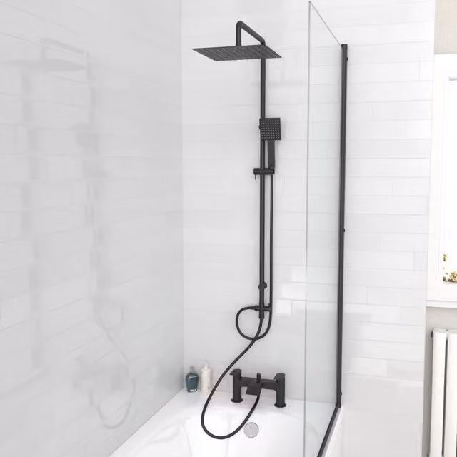 Nes Home Square Shower Bath Mixer Tap, Handset and Riser Rail Kit in Matte Black