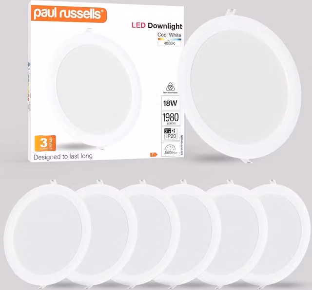 Paul Russells 18W Round LED Recessed Downlight, 1980lm, 4000K Cool White, White, Diameter: 235 mm