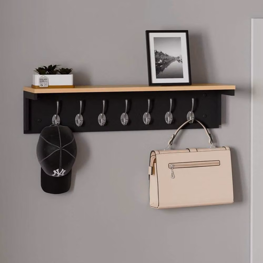 Kelvenix Black Wall Mounted Coat Rack Shelf with Wood Panel, W: 80 cm, H: 18 cm, D: 14 cm – 2