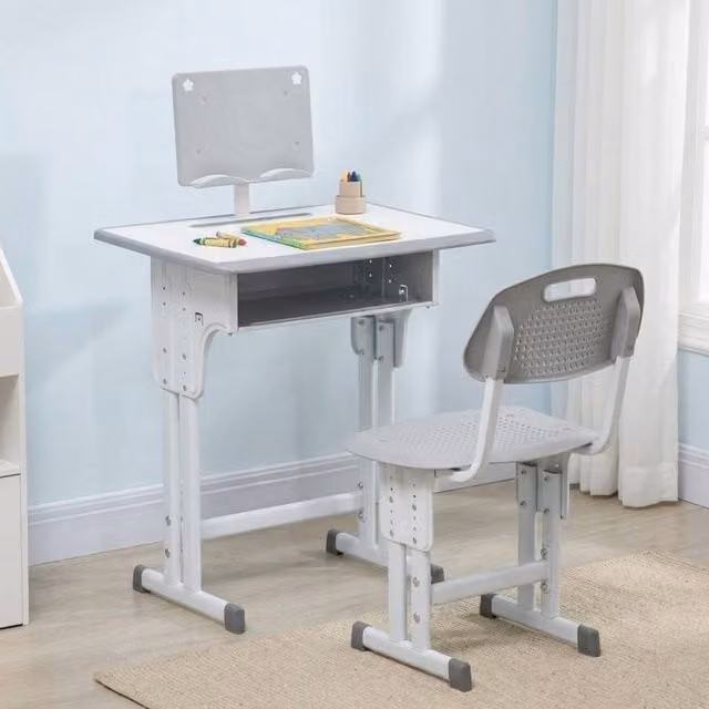 STILVORA Adjustable Kids Desk and Chair Set in Grey with Storage