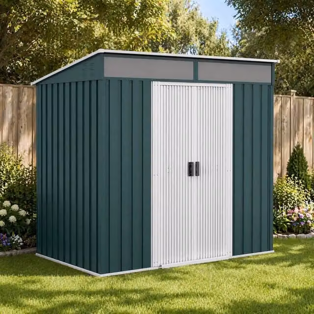 STILVORA Green Galvanised Steel Garden Shed with Double Sliding Doors W: 198 cm, D: 122 cm, H: 158.5 cm