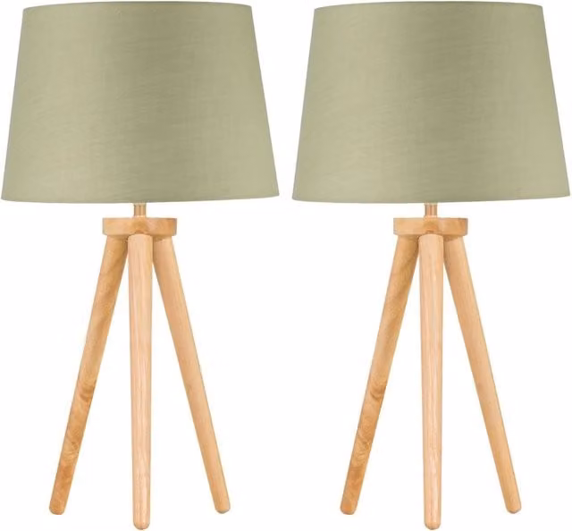 First Choice Lighting Set of 2 Light Oak Table Lamps with Sage Green Fabric Shades in Brown – 1