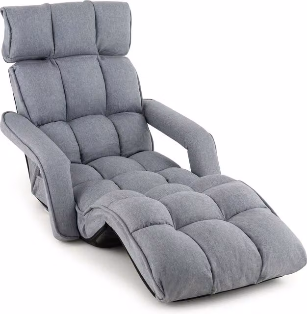 Costway Foldable Lazy Sofa in Grey with Armrests and Adjustable Headrest