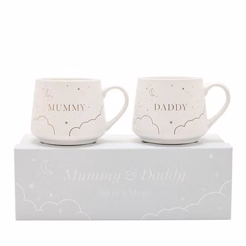 Widdop and Co Bambino Mummy and Daddy Set of 2 White and Gold Stoneware Ceramic Mugs, 350ml