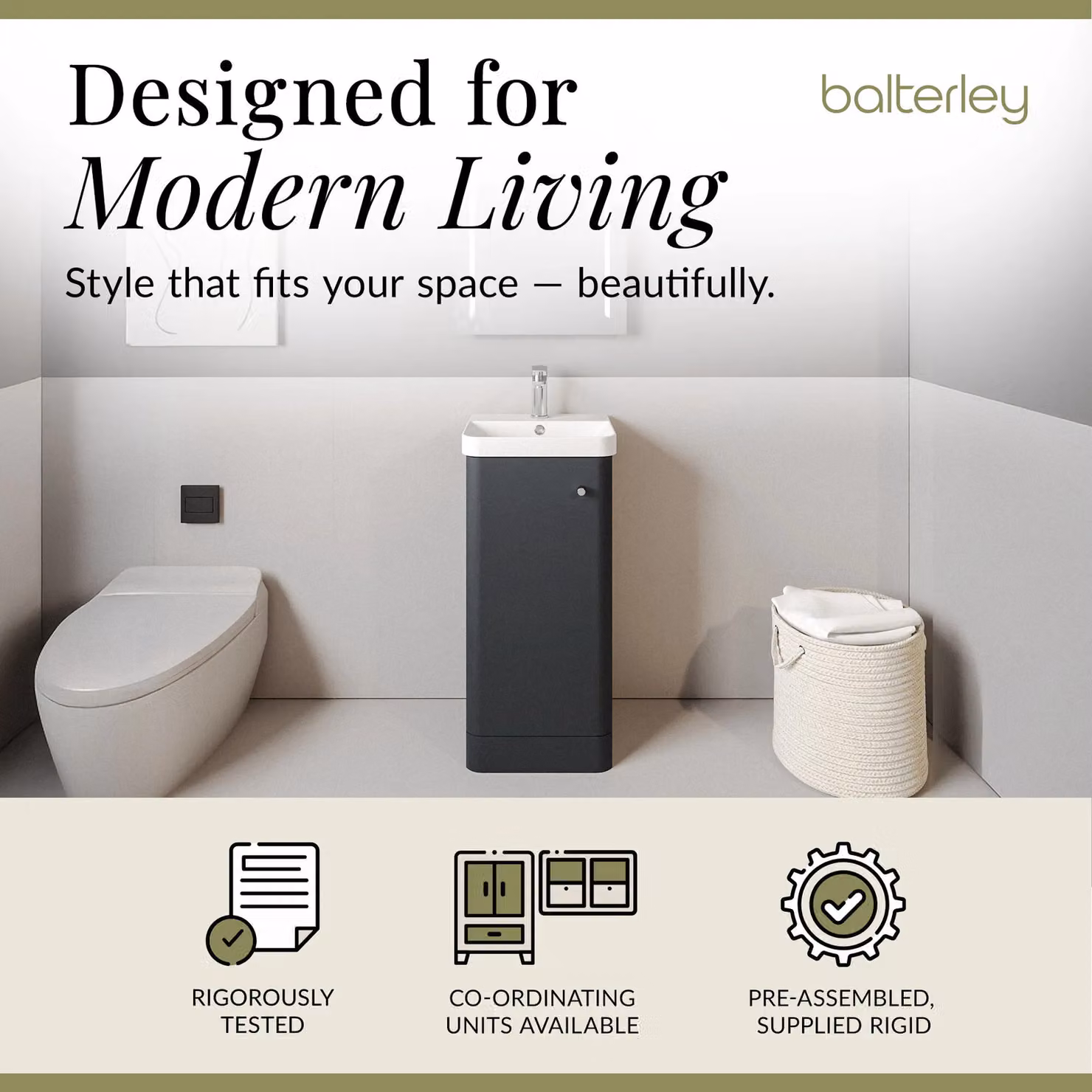 Balterley Dark Grey Floor Standing 1 Door Vanity Unit with Ceramic Basin and Soft Close Doors – 2