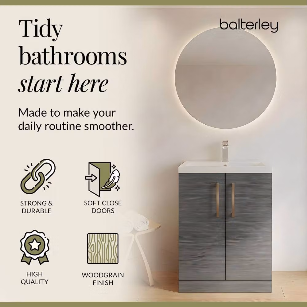 Balterley Modern Grey Wood Freestanding Bathroom Vanity Unit with Soft Close Doors and LED Lighting, W: 60 cm, H: 84 cm – 3