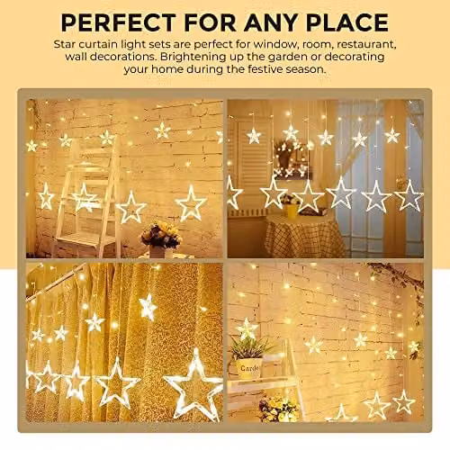 GloBrite Christmas Curtain Lights with 12 Stars and 138 Warm White LED Lights for Indoor Decoration – 9