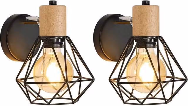 Goeco Pack of 2 Industrial Vintage Wall Lights in Black and Wood with 360 Degree Adjustable Omnidirectional Design – 1
