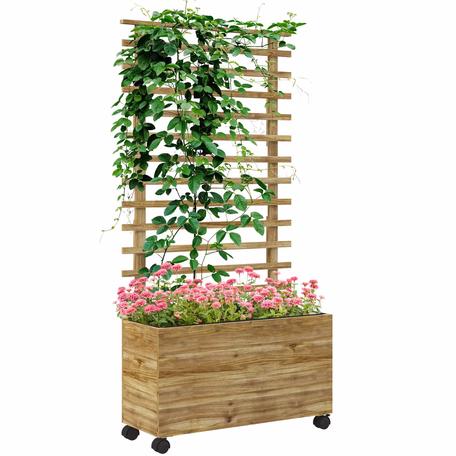 OUTSUNNY Wooden Raised Bed Planter with Trellis and 4 Wheels, Sand/Brown – 2