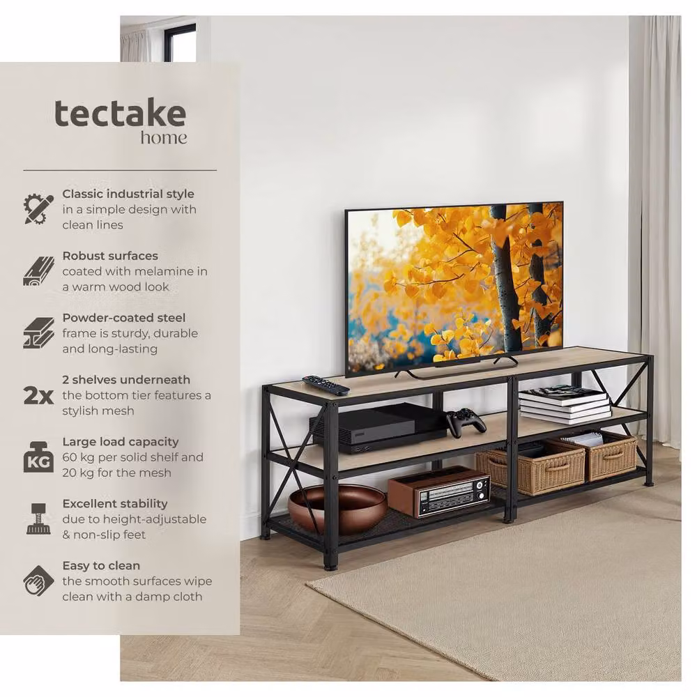 tectake Industrial TV Stand Lowboard Cabinet with 3 Shelves in Light Brown, Width: 161 cm – 2