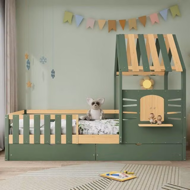 ModernLuxe Wooden Kids Single Bed with House-Shaped Headboard and 2 Drawers, Green, W/D/H: 90 x 190 x 166 cm – 1