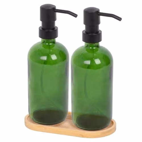 Harbour Housewares 2 Piece Green Glass Soap Dispenser Set with Bamboo Tray and Black Pumps, 500ml Refillable Bottles