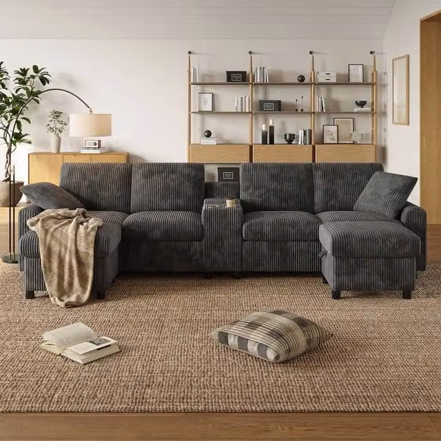 Merax U-Shaped Corduroy Sectional Sofa in Grey with Matching Ottoman, USB Charging Ports and Cup Holders