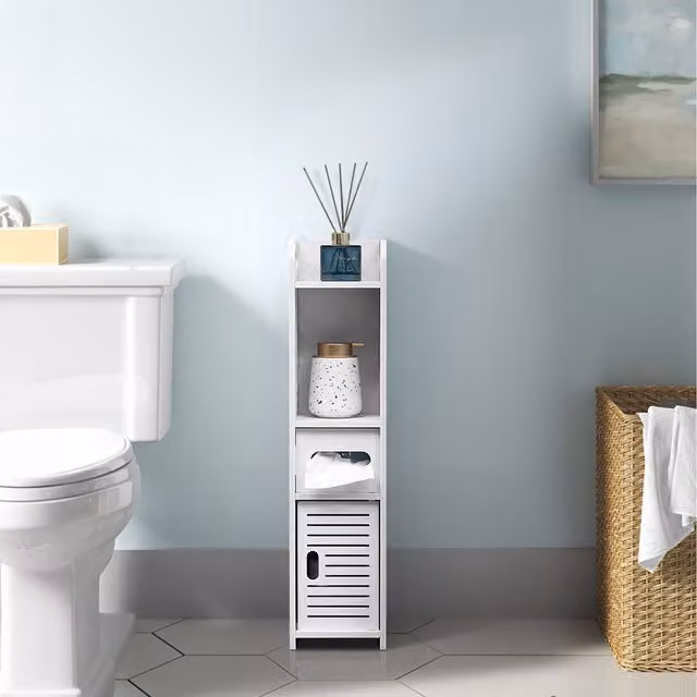 Komore White Minimalist Composite Bathroom and Living Room Cabinet with Sliding Doors and Internal Shelves